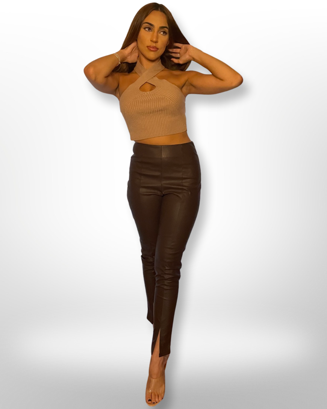 High-waisted slim faux leather trousers