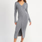 Grey Long Sleeve V-Neck Two Way Zipper Midi Dress