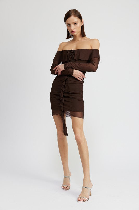 Off Shoulder Long Sleeve Mini Ruffle Dress