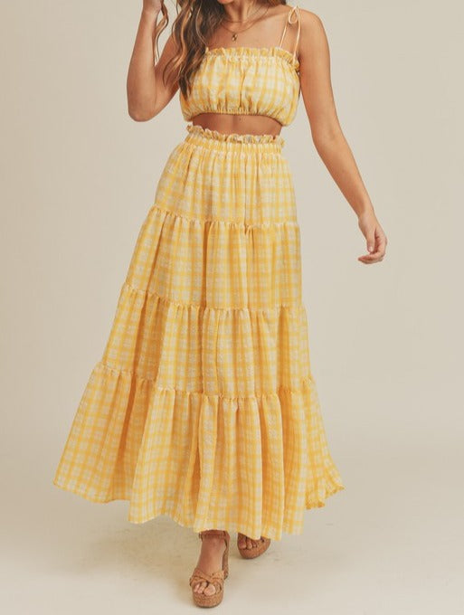 Lily Yellow Plaid Two Piece Set Crop Top and Ruffle Maxi Skirt - Munroes