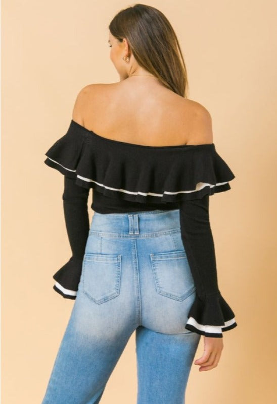 Melissa Ruffle Sweater Off Shoulder Top in Black - Munroes