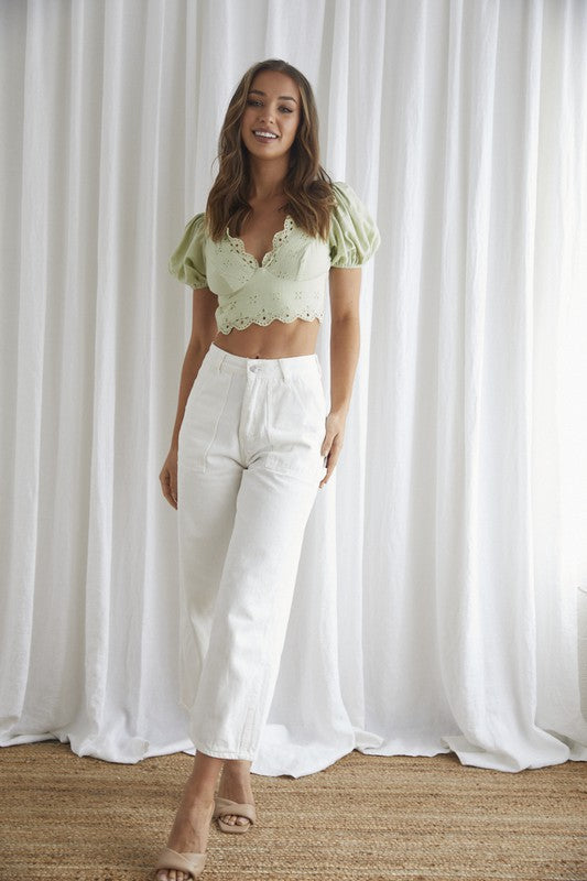 Sage Embroidered Puff Sleeve Crop Top - Munroes