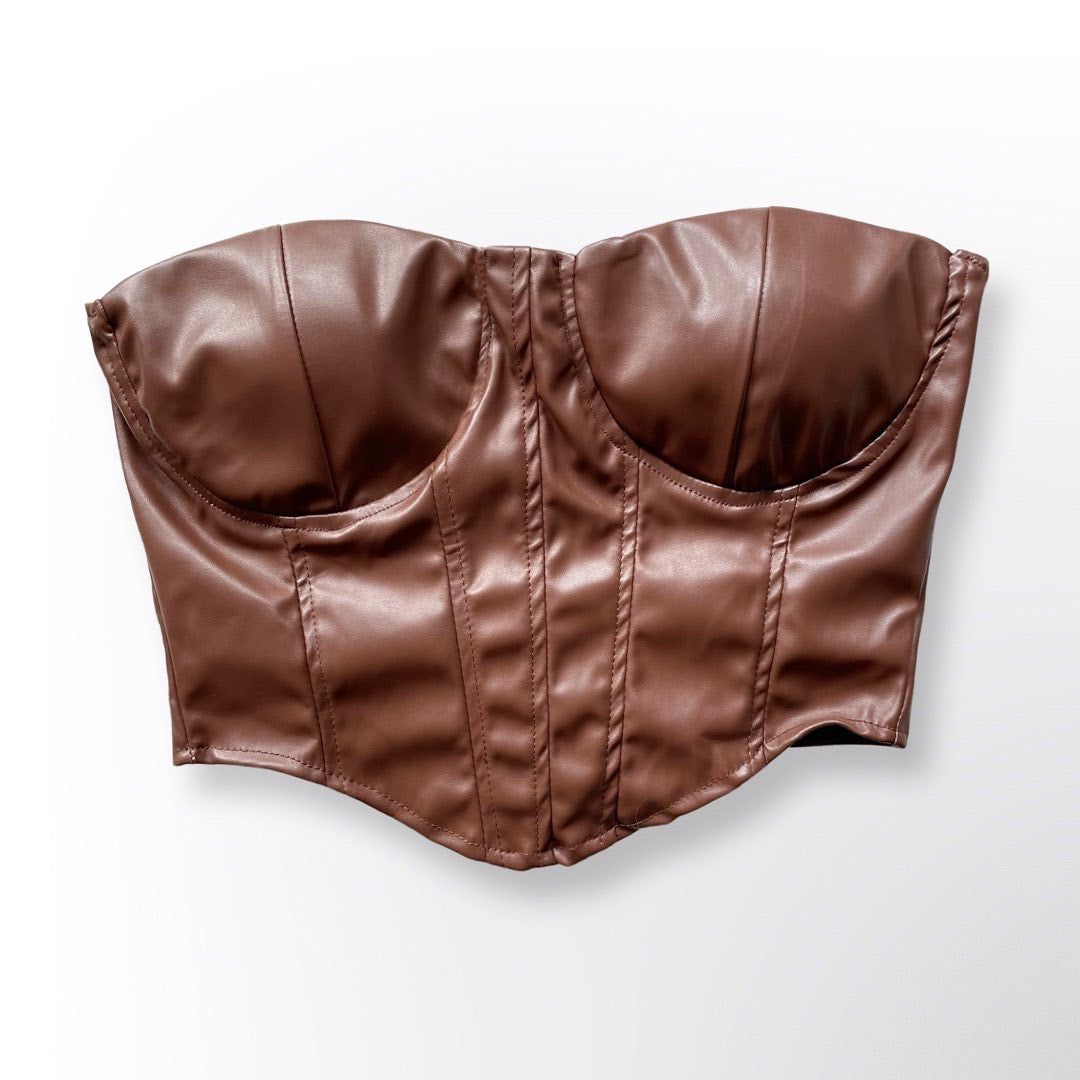 Leather Bustier Corset Strapless Crop Top in Brown - Munroes