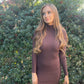 Brown Ribbed Mock Neck Long Sleeve Bodycon Mini Dress - Munroes