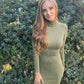 Olive Green Ribbed Mock Neck Long Sleeve Bodycon Mini Dress - Munroes