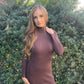 Brown Ribbed Mock Neck Long Sleeve Bodycon Mini Dress - Munroes