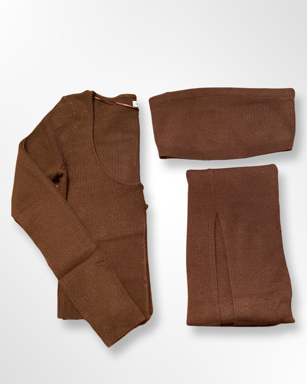 Brown 3 Piece Knit Cardigan & Midi Skirt Set - Munroes