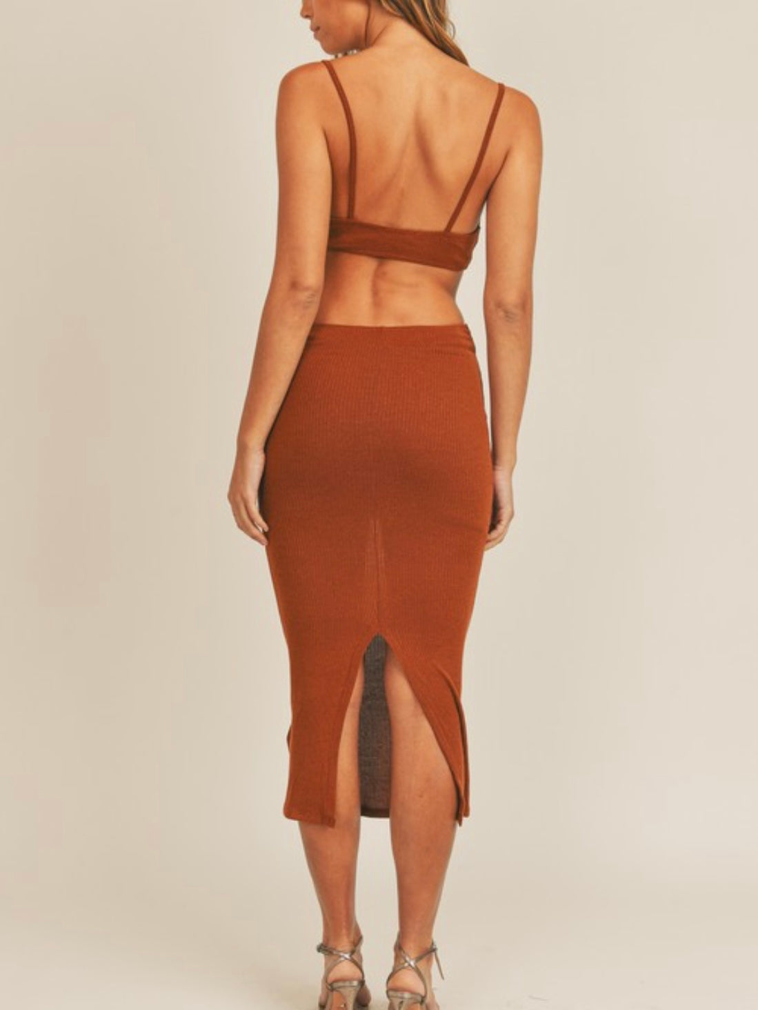 Burnt Orange Side Cutout Midi Dress - Munroes