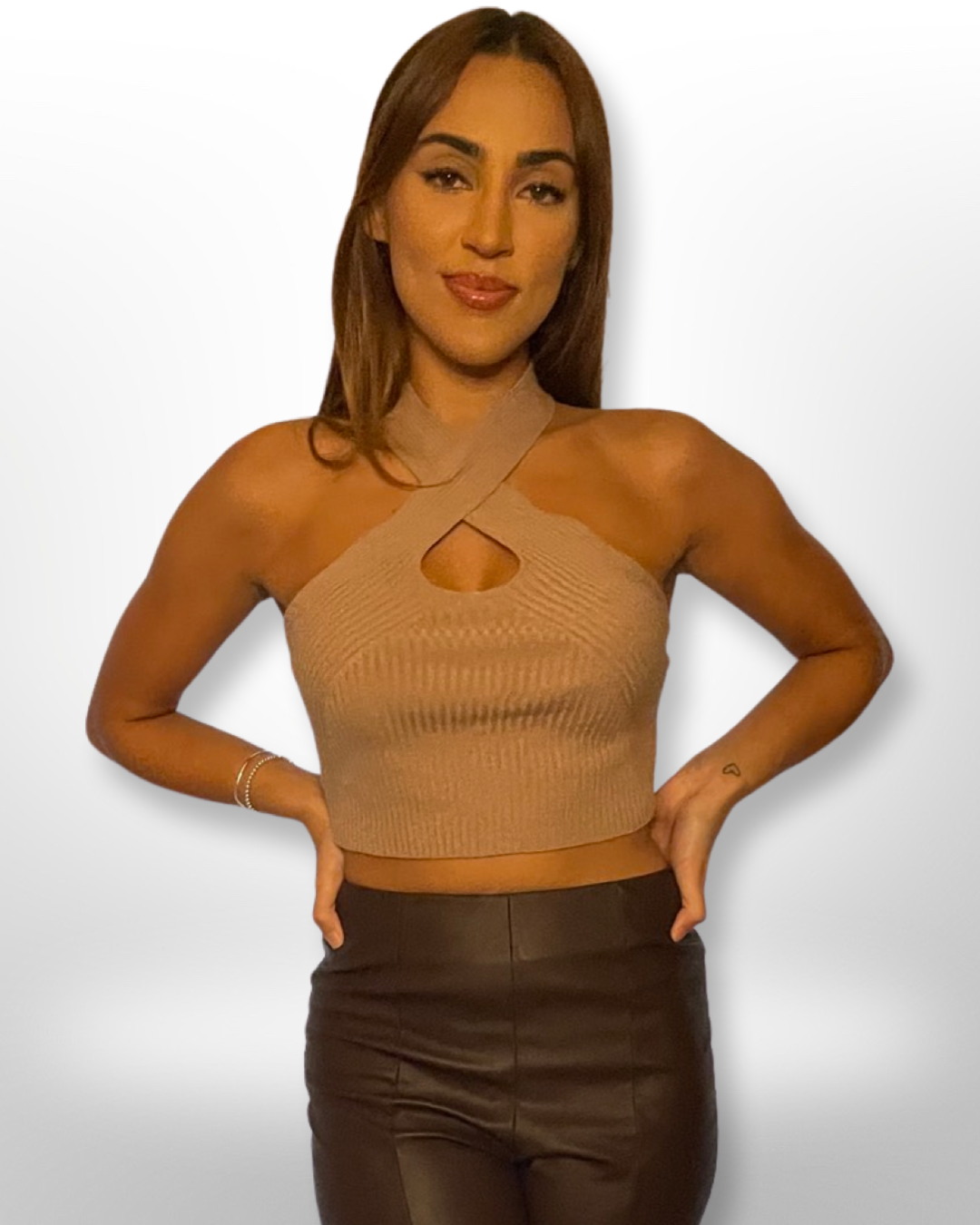 Karina Knit Crisscross Halter Crop Top in Taupe - Munroes
