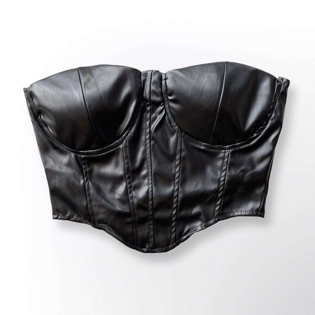 Leather Bustier Corset Strapless Crop Top in Black - Munroes